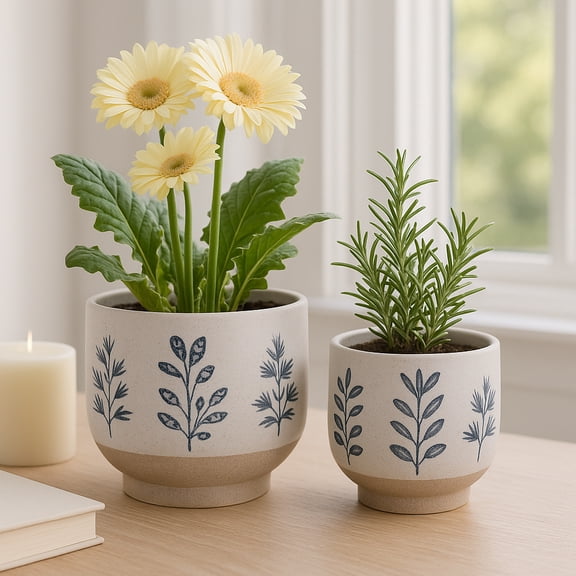 Hand Painted Flower Leaves Planter for Home Decor - Decorative Ceramic Flower Planter for Bedroom, Living Room, and Entryway - Indoor and Outdoor Pots for Plants - Set of 2, 8", 6", Blue & White