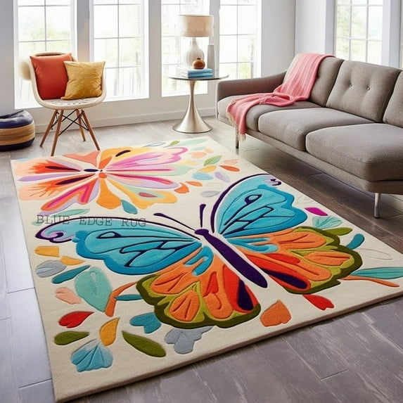 Modern Hand-Tufted Butterfly Pattern Wool Area Rug – Luxurious, Durable & Soft – Perfect for Living Room, Bedroom, or Nursery Decor