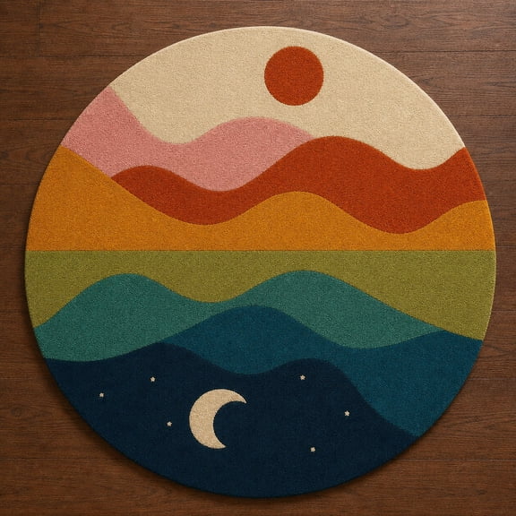 Modern Hand Tufted Round Rug, Abstract Landscape Sun & Moon Pattern, Soft Wool Area Carpet for Living Room, Bedroom, Nursery & Office