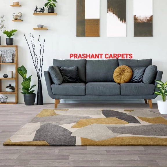 Modern Hand-Tufted Rug in Ochre Grey Area Rug