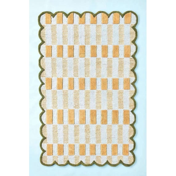 Modern Hand-Tufted Scalloped Wool Area Rug | 100% New Zealand Wool Carpet for Living Room, Bedroom & Home Décor (Gold & Dark Green_8X10)