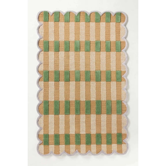 Modern Hand-Tufted Scalloped Wool Area Rug | 100% New Zealand Wool Carpet for Living Room, Bedroom & Home Décor (Tan & Green_4X6)