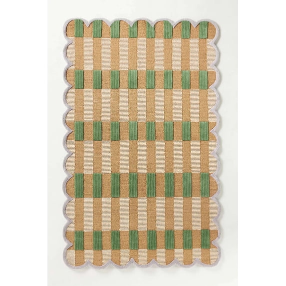 Modern Hand-Tufted Scalloped Wool Area Rug | 100% New Zealand Wool Carpet for Living Room, Bedroom & Home Décor (Tan & Green_4X6)
