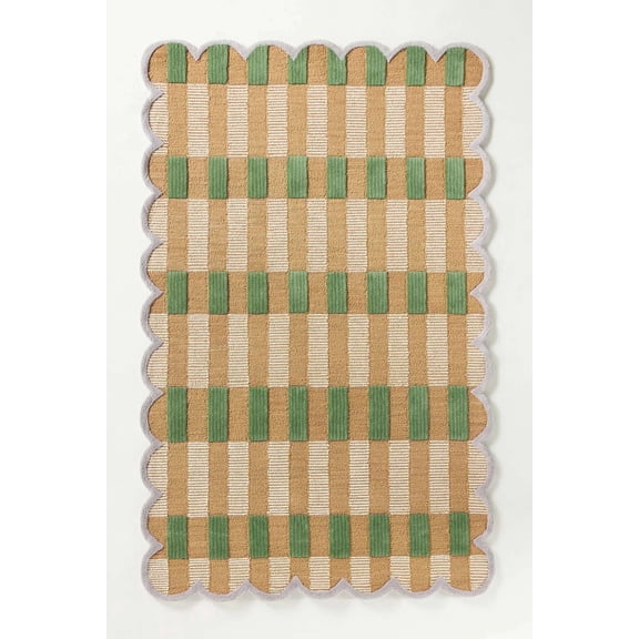Modern Hand-Tufted Scalloped Wool Area Rug | 100% New Zealand Wool Carpet for Living Room, Bedroom & Home Décor (Tan & Green_5X8)