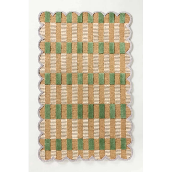 Modern Hand-Tufted Scalloped Wool Area Rug | 100% New Zealand Wool Carpet for Living Room, Bedroom & Home Décor (Tan & Green_5X8)
