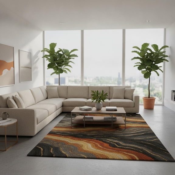 Modern Hand-Tufted Wool Area Rug, Abstract Wave Pattern in Charcoal Gray, Rust & Gold, Contemporary Carpet for Living Room & Home Decor – 6x6 Feet Square
