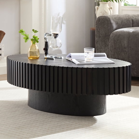 Modern Handcraft Drum Coffee Table Length 43.7 Inch Ellipse Coffee Table for Living Room, Oval Small Coffee Table with Sturdy Pedestal (Black)
