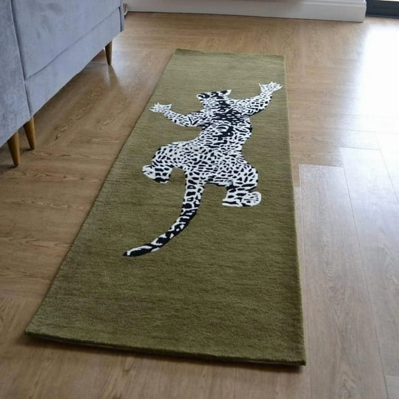 Modern Handmade Climbing Jaguar Wool Runner – Animal Print Rug by Avyay Rugs | New Zealand Wool for Living Room, Bedroom & Home Decor (Cream Green, 2.6 x 18 FT)