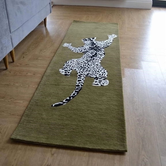 Modern Handmade Climbing Jaguar Wool Runner – Animal Print Rug by Avyay Rugs | New Zealand Wool for Living Room, Bedroom & Home Decor (Cream Green, 2.6 x 9 FT)