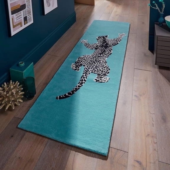 Modern Handmade Climbing Jaguar Wool Runner – Animal Print Rug by Avyay Rugs | New Zealand Wool for Living Room, Bedroom & Home Decor (Light Blue, 2.6 x 8 FT)