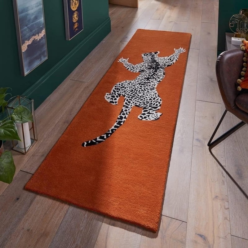 Avyay Rugs Hand Tufted Jaguar Animal Print Wool Runner Rug, Ochre, 2.6 ft x 10 ft