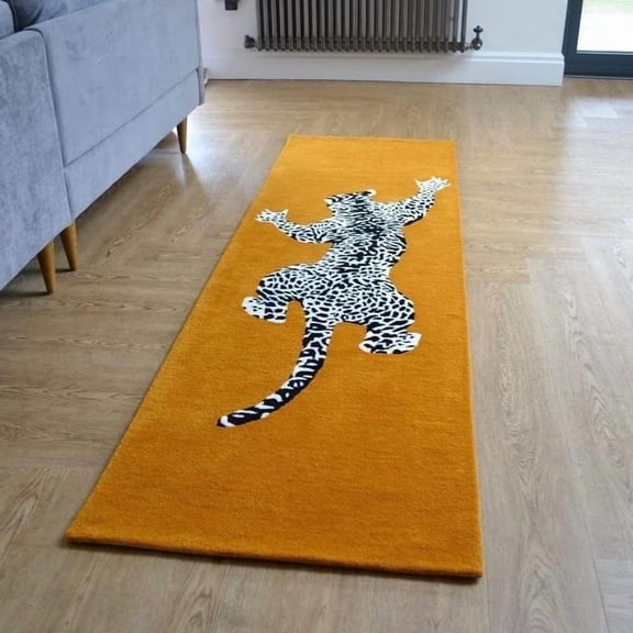 Modern Handmade Climbing Jaguar Wool Runner – Animal Print Rug by Avyay Rugs | New Zealand Wool for Living Room, Bedroom & Home Decor (Orange, 9 x 12 FT)