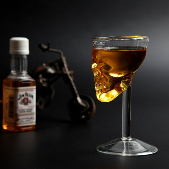 Modern Handmade Mouth-blown Crystal Clear Borosilicate Glass SKULL Shaped Set of One 75 ml Stemmed Wine or Cocktail Glasses, good for Liquors, After-Dinner Drinks and More!