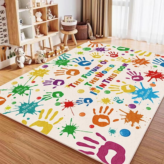 Modern Handwoven Colorful Handprints Play Area Rug, 78.7x59 Inch, Non-Slip & Washable