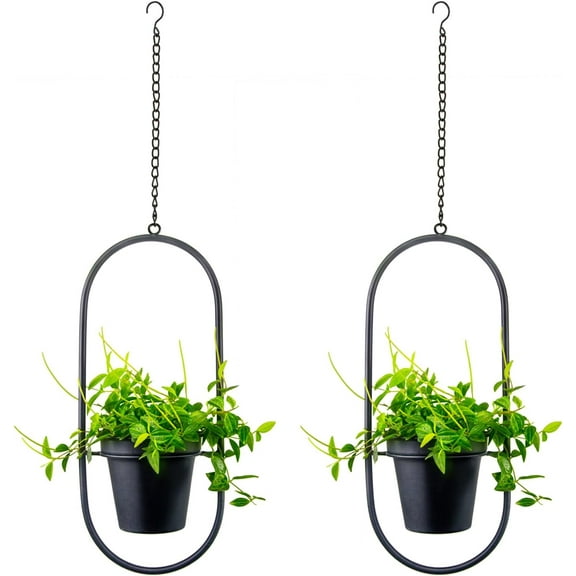 Modern Hanging Planters for Indoor Plants, Metal Plant Hanger with 5 inch Flower Pots,Set of 2 Black Oval Shape Plant Holders, Wall and Ceiling Hanging Pots for Outdoor Plants, Home Dcor