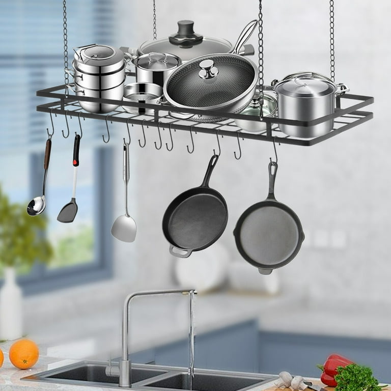 Modern Hanging Pot Holder Pan Hanger Kitchen Ceiling Rack with 12 Hooks  Black 