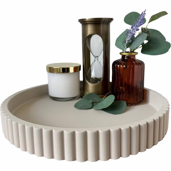 Modern Heavy-Duty Round Concrete Tray  Fluted Centerpiece for Coffee Tables, Serving, Patio & Home Decor