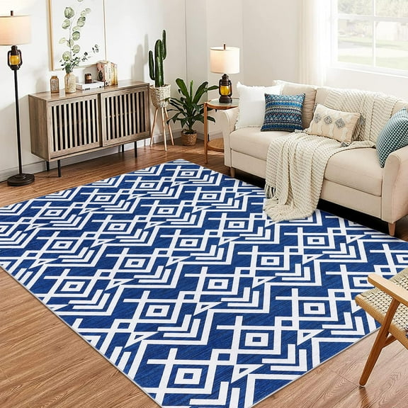 Modern Heavy Pearl Velvet Washable Backed Foldable Printed Area Rug - Modern Geometric Essence in Blue Tones | 5x7ft