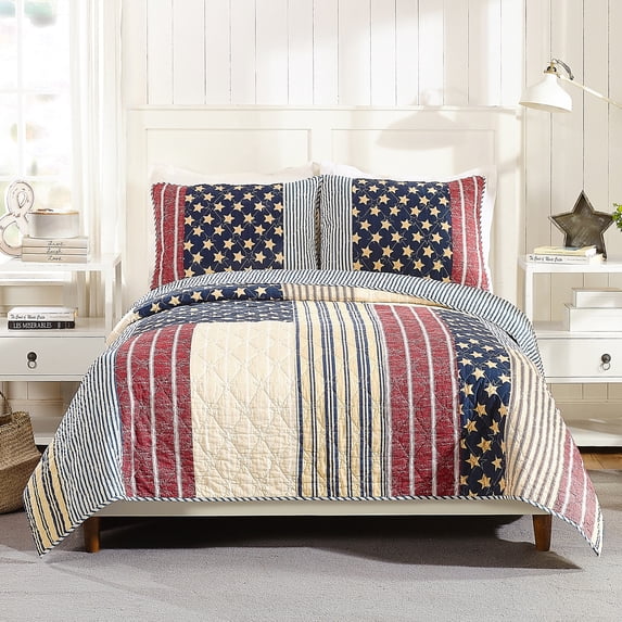 Modern Heirloom Americana 3-Piece Patchwork Cotton Quilt Set, Blue/Red, Full/Queen