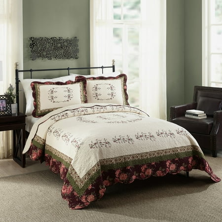 Modern Heirloom Brooke 3-Piece Ivory/Burgundy Floral Embroidered Quilt Set, Full/Queen