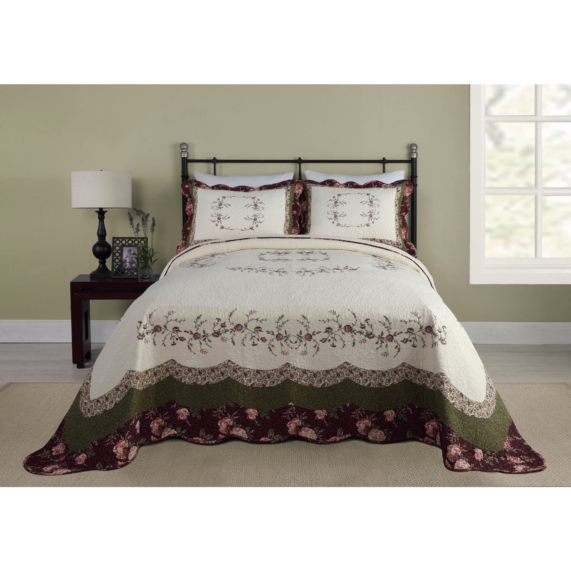 King White Cotton Reversible Bedspread with Embroidered Flowers