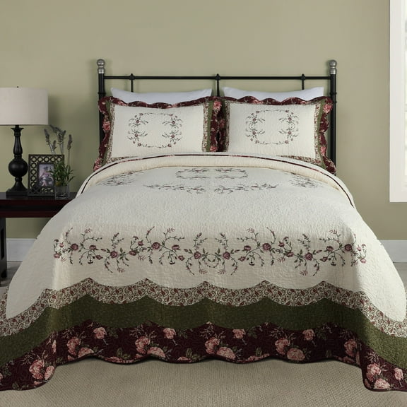 Modern Heirloom Brooke Ivory/Burgundy Floral Embroidered Bedspread, Queen, All Ages