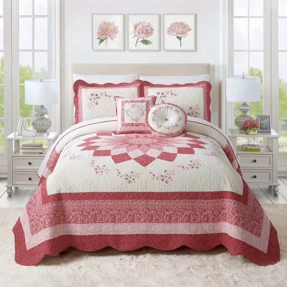 Modern Heirloom Caroline Red Floral Embroidered and Pieced Single Bedspread, King Size