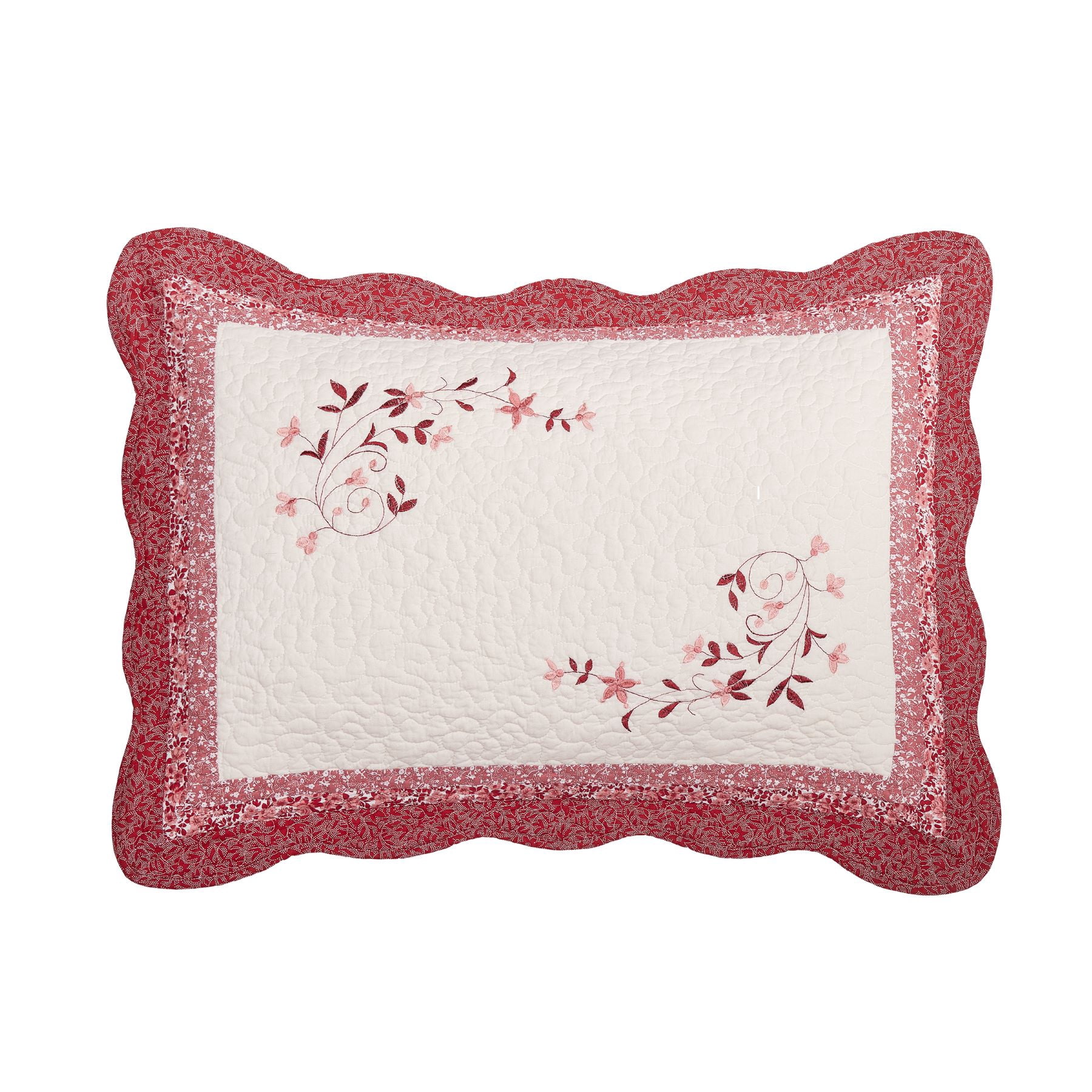 Modern Heirloom Caroline Red Floral Embroidered and Pieced Single Pillow Sham, Standard Size