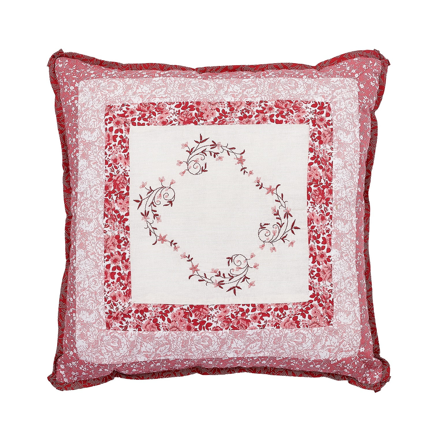 Caroline Red and White Embroidered Floral Square Pillow