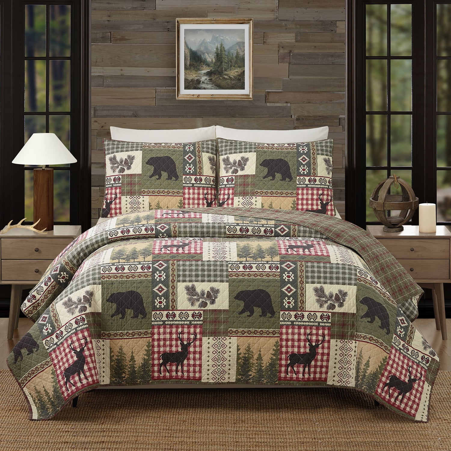 King Size Red and Green Cotton Reversible Quilt Set