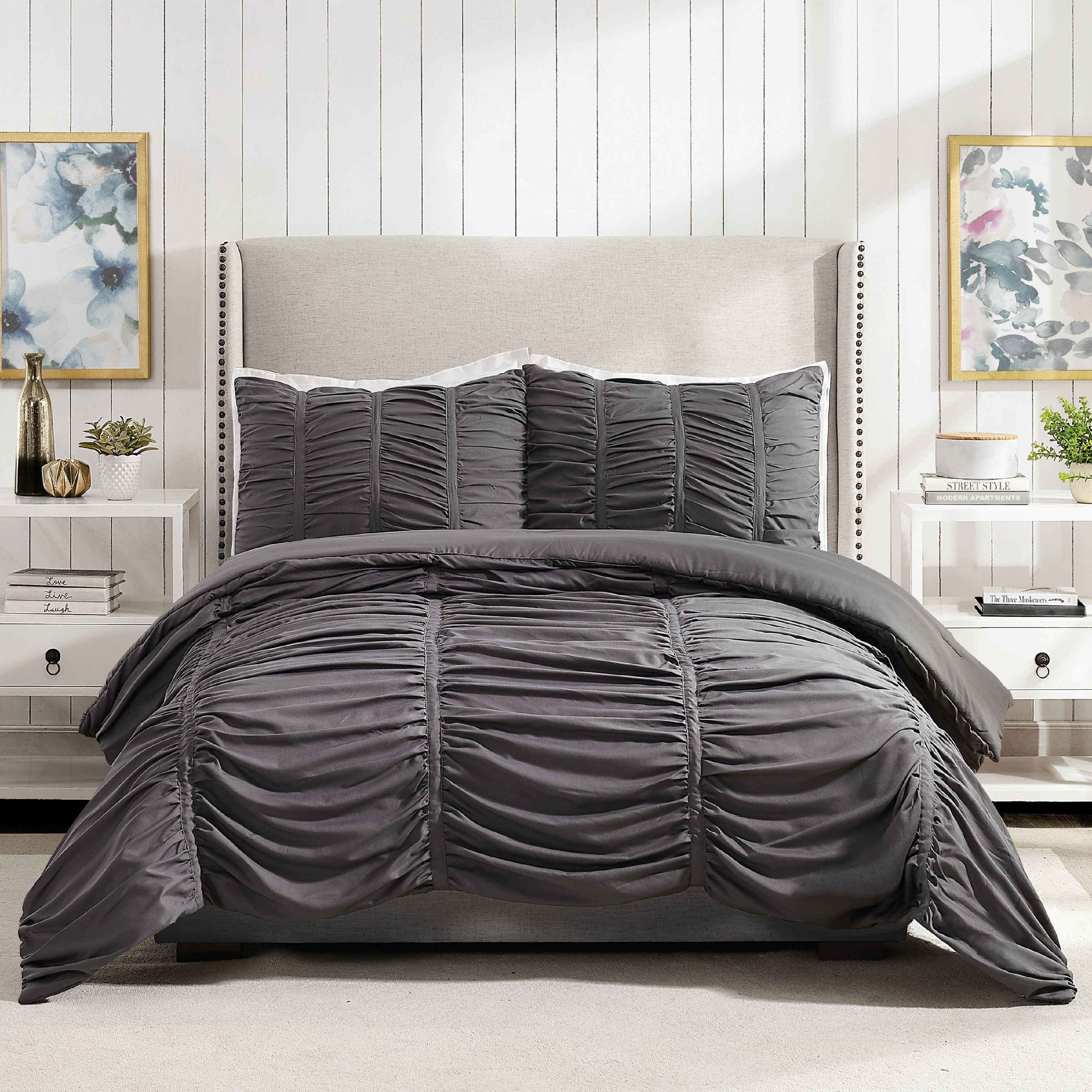 Modern Heirloom Emily Dark Gray 3-Piece Pleated Comforter Set, Full/Queen