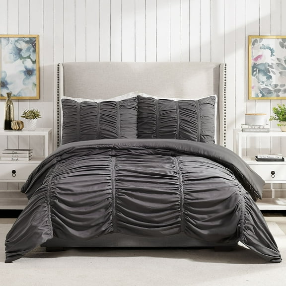 Modern Heirloom Emily Dark Gray 3-Piece Pleated Comforter Set, Full/Queen