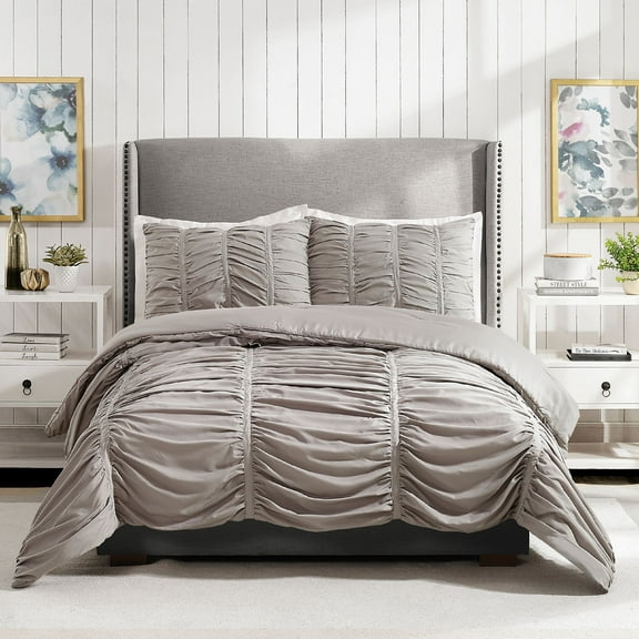 Modern Heirloom Emily Light Gray 2-Piece Pleated Comforter Set, Twin/Twin XL