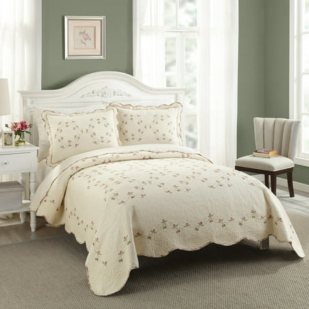 Modern Heirloom Felisa Cream/Pink Floral Embroidered 2-Piece Quilt Set, Twin