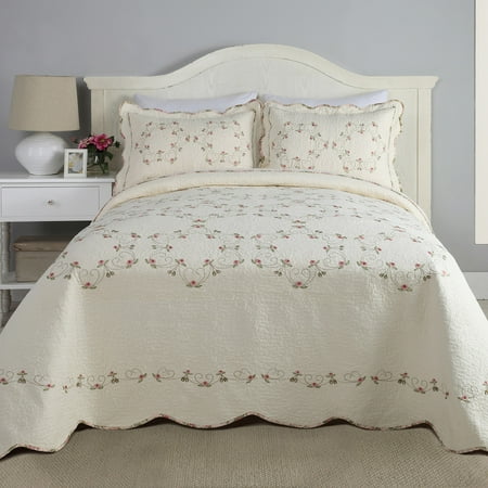 Modern Heirloom Felisa Cream/Pink Floral Embroidered Bedspread, King, All Ages