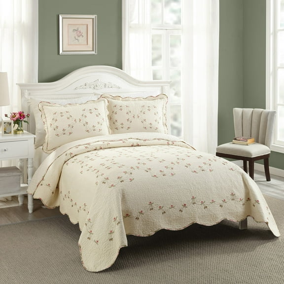 Modern Heirloom Felisa Cream/Pink Floral Embroidered 3-Piece Quilt Set, Full/Queen