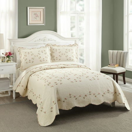 Modern Heirloom Felisa Cream/Pink Floral Embroidered 3-Piece Quilt Set, King
