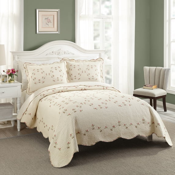Modern Heirloom Felisa Cream/Pink Floral Embroidered 3-Piece Quilt Set, King