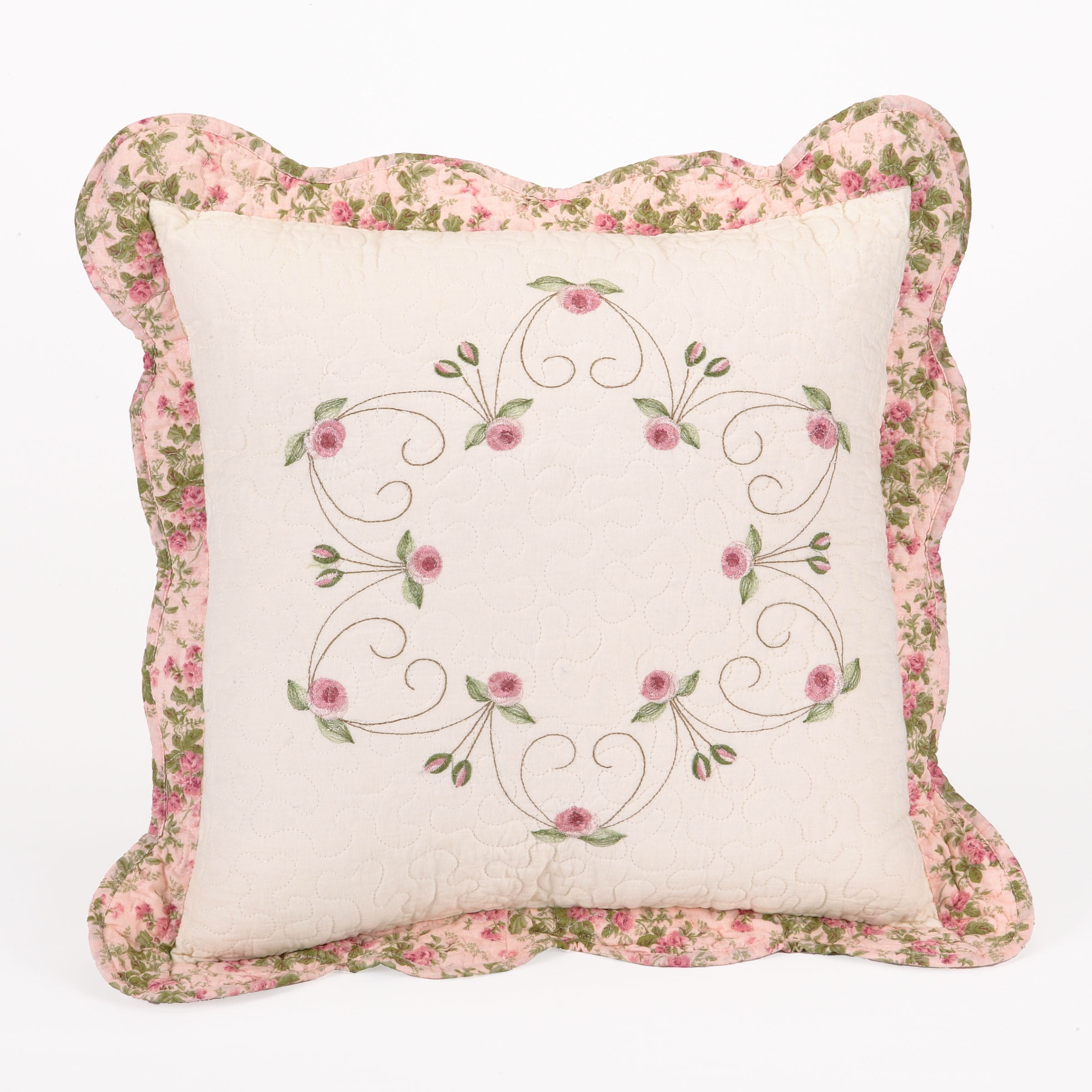 Ivory and Pink Embroidered Floral Square Pillow