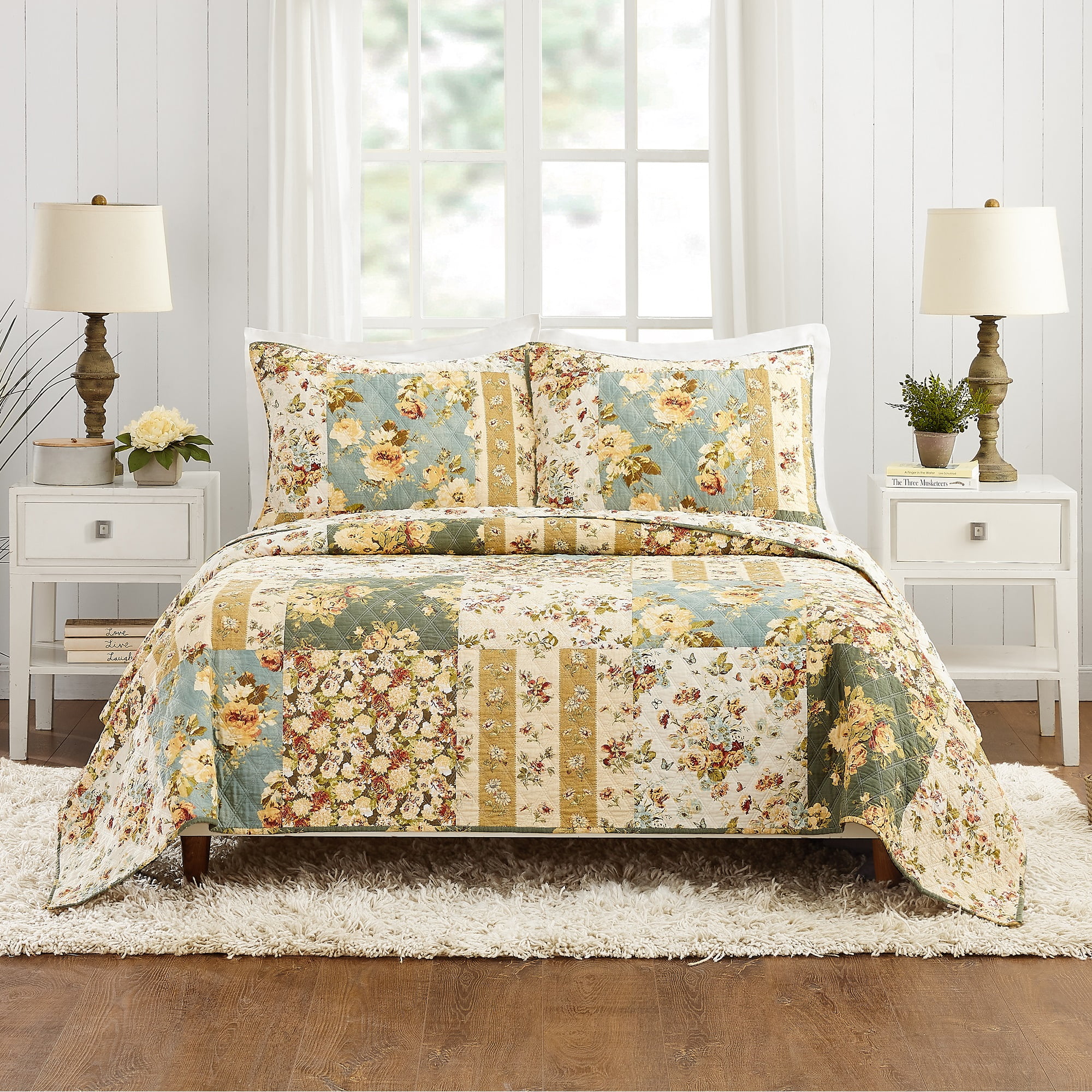 Full Blue Cotton Reversible Quilt Set with Shams