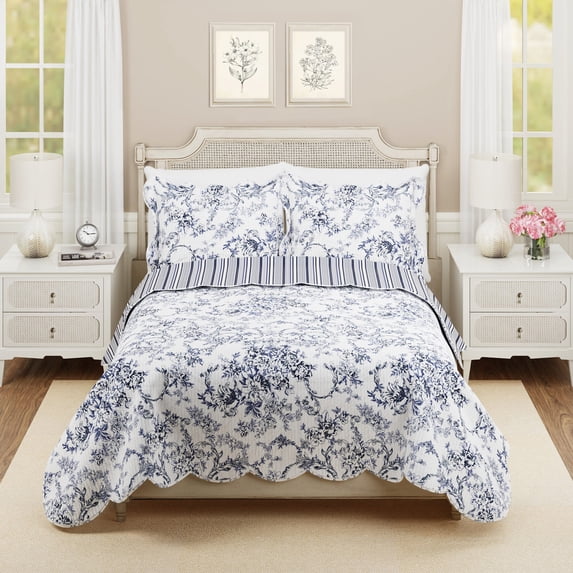 Modern Heirloom Garden Toile Blue 3-Piece Reversible Quilt Set, King