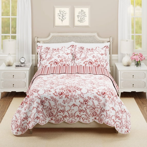 Modern Heirloom Garden Toile Red 3-Piece Reversible Quilt Set, Full/Queen