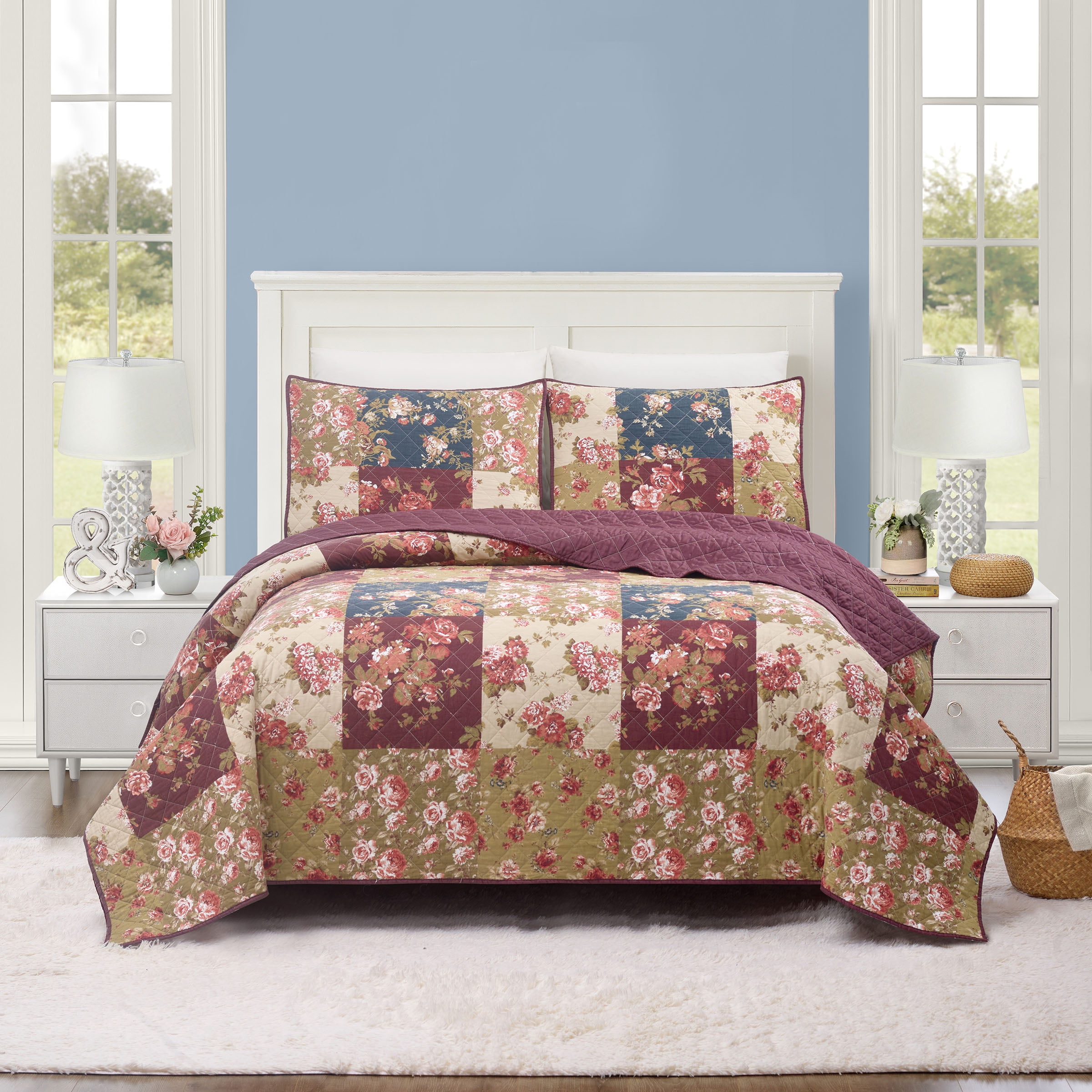 Germaine Red and Blue Floral Twin Cotton Quilt Set
