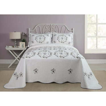 Modern Heirloom Gwen White/Purple Floral Embroidered Bedspread, Queen, All Ages