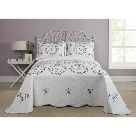 Modern Heirloom Gwen White/Purple Floral Embroidered Bedspread, Queen, All Ages