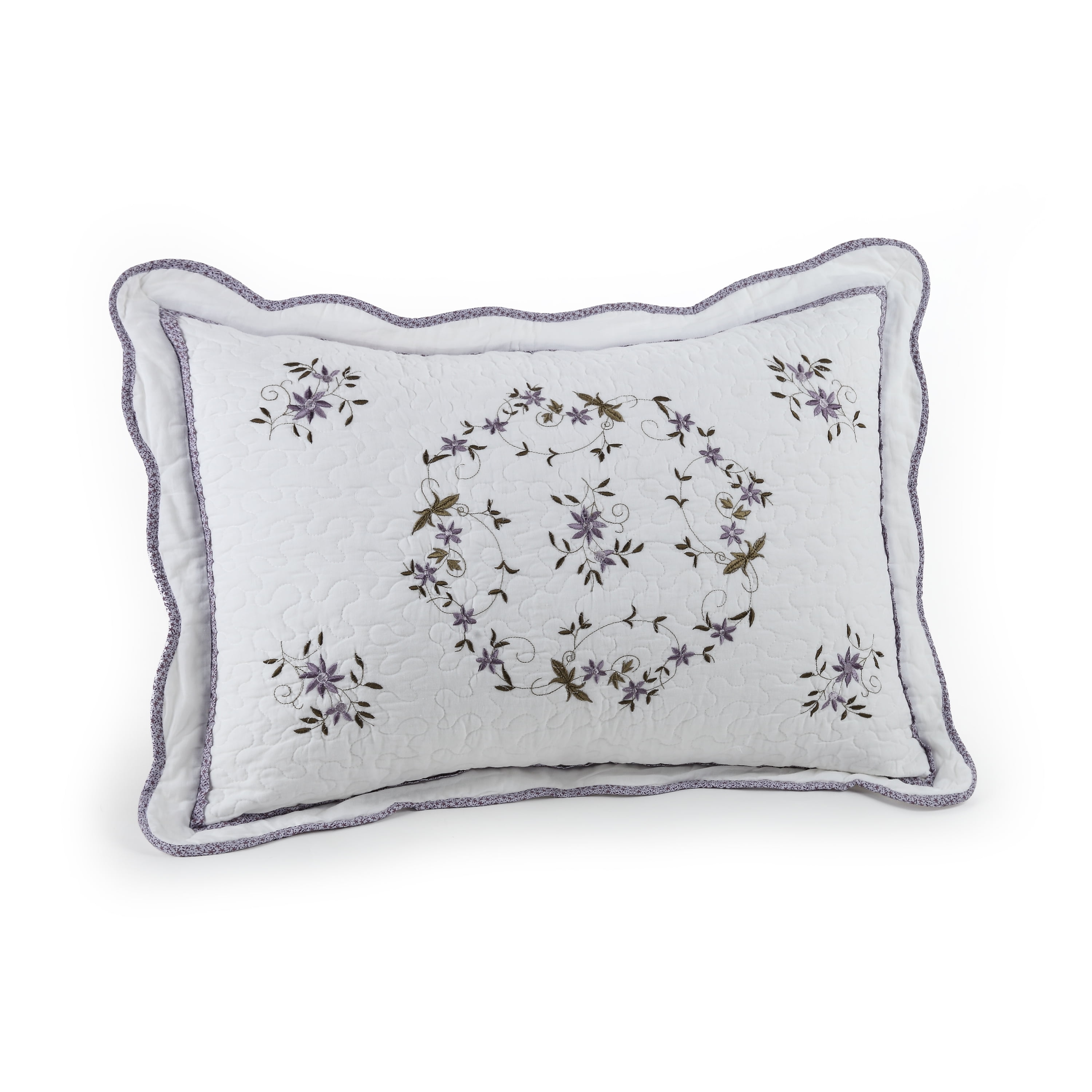 Lavender Floral Embroidered Cotton Standard Pillow Sham