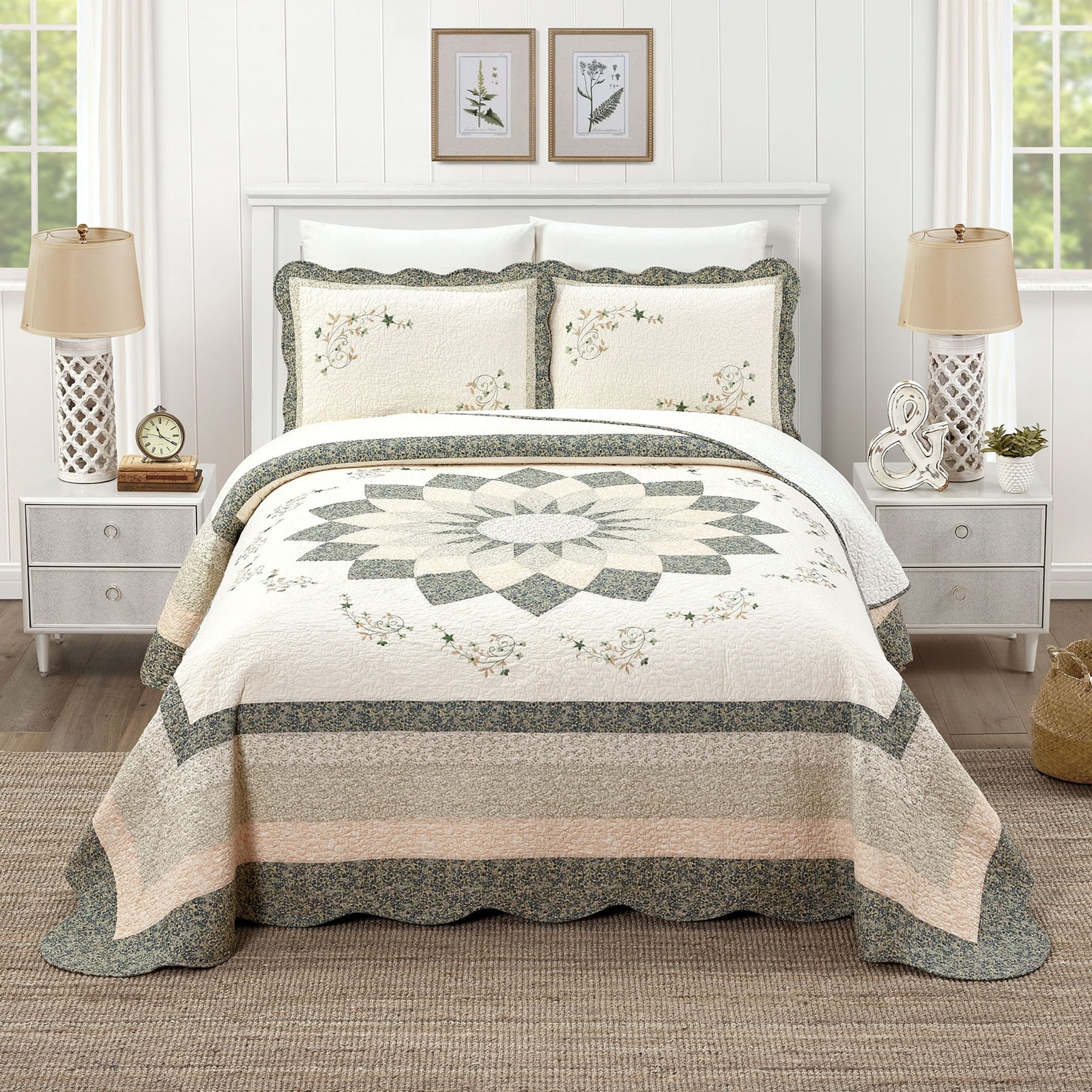 Modern Heirloom Harper Floral Embroidered Pieced Bedspread, Green, Full Size