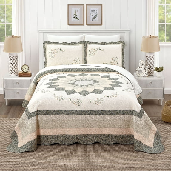 Modern Heirloom Harper Floral Embroidered Pieced Bedspread, Green, Full Size