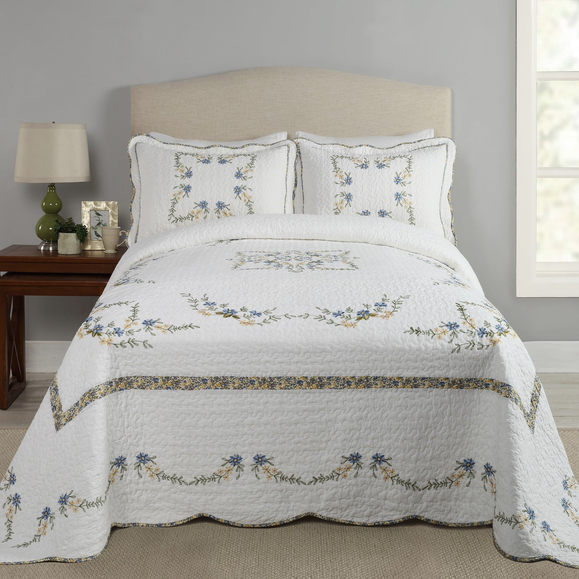 Heather Blue Cotton Full Floral Bedspread