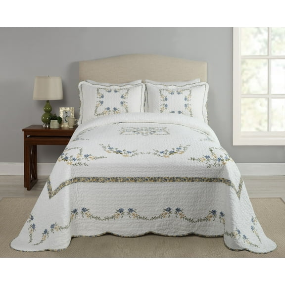 Modern Heirloom Heather White/Blue Floral Embroidered Bedspread, Queen, All Ages